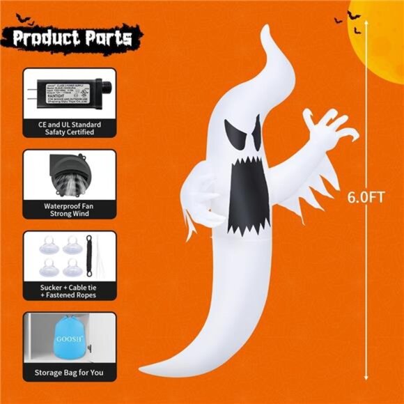 6 FT Halloween Inflatables Ghost Outdoor Window Decorations Blow Up Yard - Picture 6 of 7